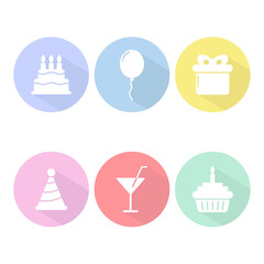 Birthday flat design icons. Round and colored icons with long shadow. Icons set vector illustration.