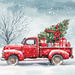 Red Pick Up Truck with Christmas Tree