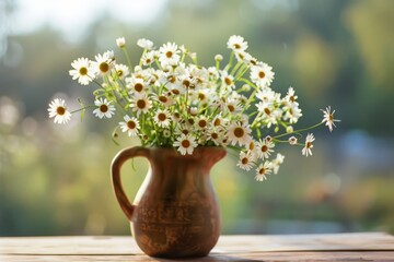 An antique pitcher brimming with daisies is showcased against a blurred green backdrop, creating a tranquil, rustic charm in a sunlit outdoor setting.