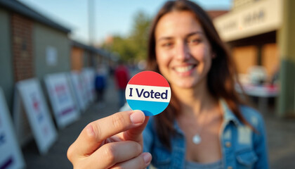 A voter proudly shows their "I Voted" sticker outside a polling place, with the location’s signage and setup in the background, capturing a sense of civic pride and engagement.
