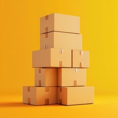 Obraz premium A vibrant stack of cardboard boxes against a bright yellow background, ideal for shipping, delivery, and packaging concepts.