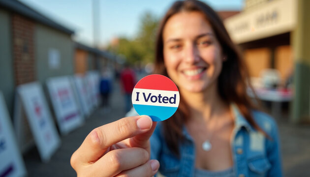 A voter proudly shows their "I Voted" sticker outside a polling place, with the location’s signage and setup in the background, capturing a sense of civic pride and engagement.