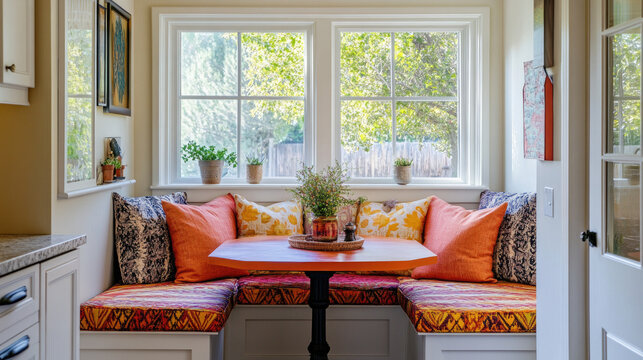 Cozy kitchen nook with vibrant cushions and natural light.