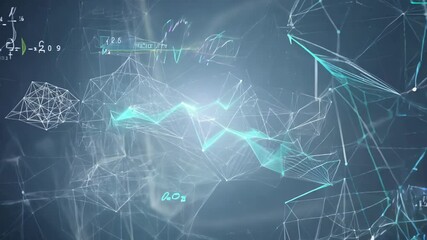complex digital network of interconnected lines and nodes with mathematical equations and glowing data points, representing technology data analysis and scientific research. - Powered by Adobe