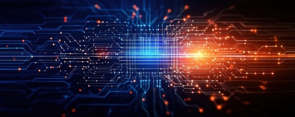 Obraz premium Abstract digital background featuring glowing circuits and data lines in blue and orange hues, perfect for tech-related themes.