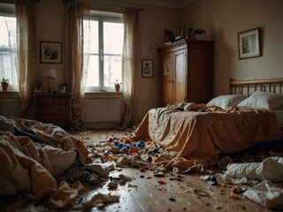 Messy bedroom, chanos in a room interior full of dirty cloas thrown on a floor, disorder indoors Unmande annd untidy.
