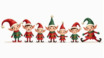 Christmas Elves Illustration with Festive Outfits and Cheerful Expressions - Holiday Season Art for Cards and Decor