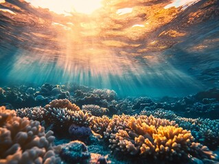 Close-Up of Coral Formations in Shallow Water with Sunlight Reflections