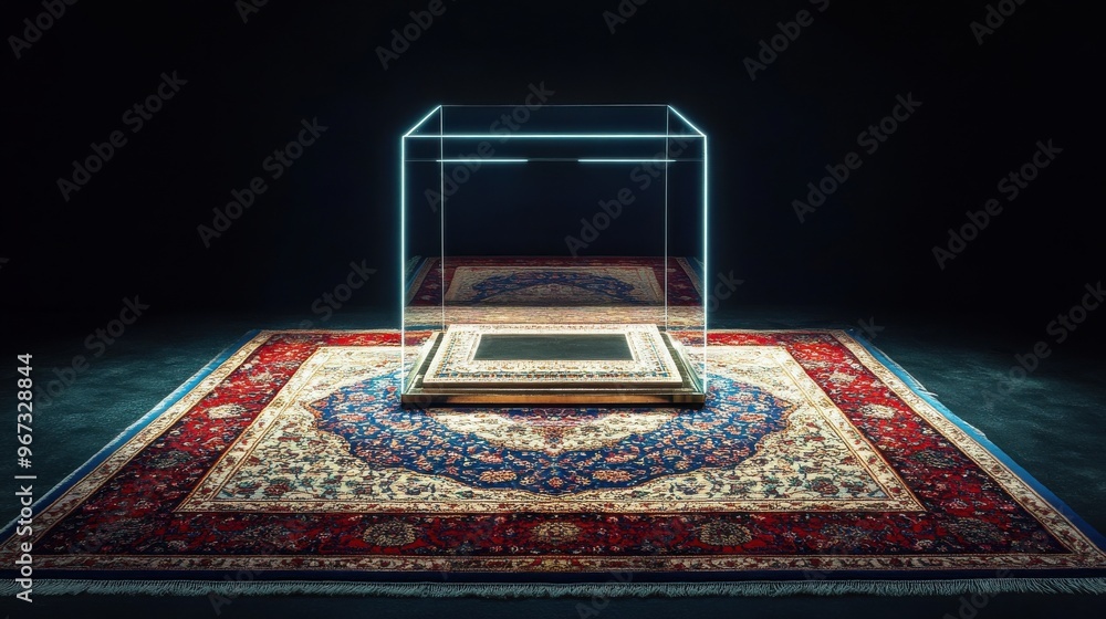Aufkleber luxurious persian carpet with intricate red and blue patterns displayed in elegant gallery setting u