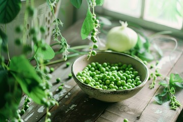 A bowl of bright green peas rests on a rustic wooden table next to a window, surrounded by leafy plants, creating a fresh and natural atmosphere.