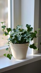 Fototapeta premium a potted English ivy plant by the window in minimalist style of indoor plants