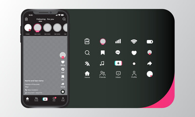 Social Media App Black Color Interface Template Set With Smartphone