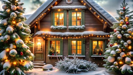 Charming wooden house adorned with Christmas lights and surrounded by snow-covered trees
