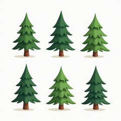 Fototapeta premium Colorful Cartoon Evergreen Trees Collection - Nature Illustration with Six Different Tree Designs.