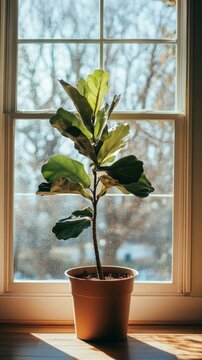 a potted fiddle-leaf fig plant by the window in minimalist style of indoor plants