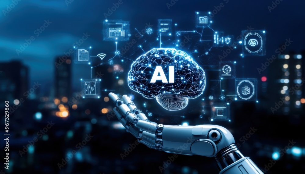 Poster futuristic robot hand holding a digital brain with ai text, symbolizing artificial intelligence tech