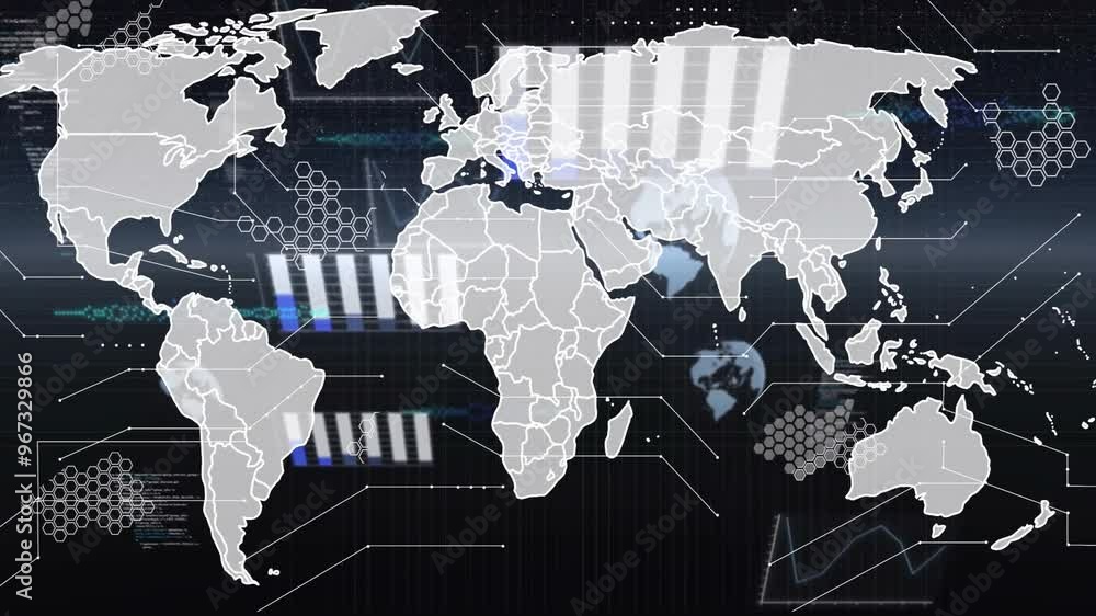 Poster animation of globes and diagrams over world map