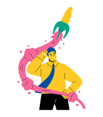 Thoughtful business man think develop strategy. Concept of innovative business idea. Growth and successful business start up concept. Flat vector illustration isolated on white background