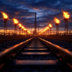 Dramatic sunset over an industrial scene with gas flares, featuring railway tracks leading into the horizon.