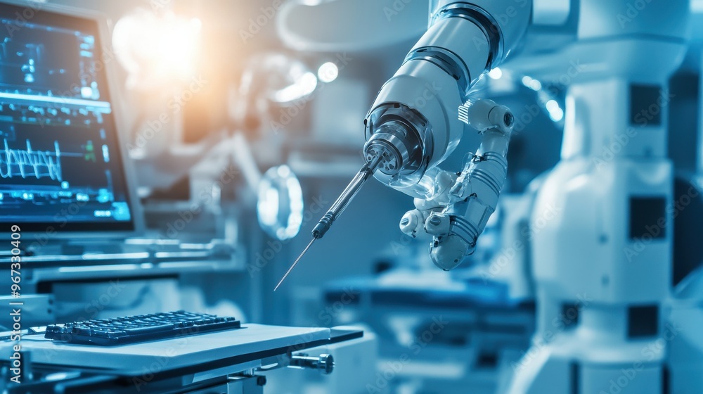 Poster advanced robotic arm delicately operating in a high-tech surgical environment with precision instrum