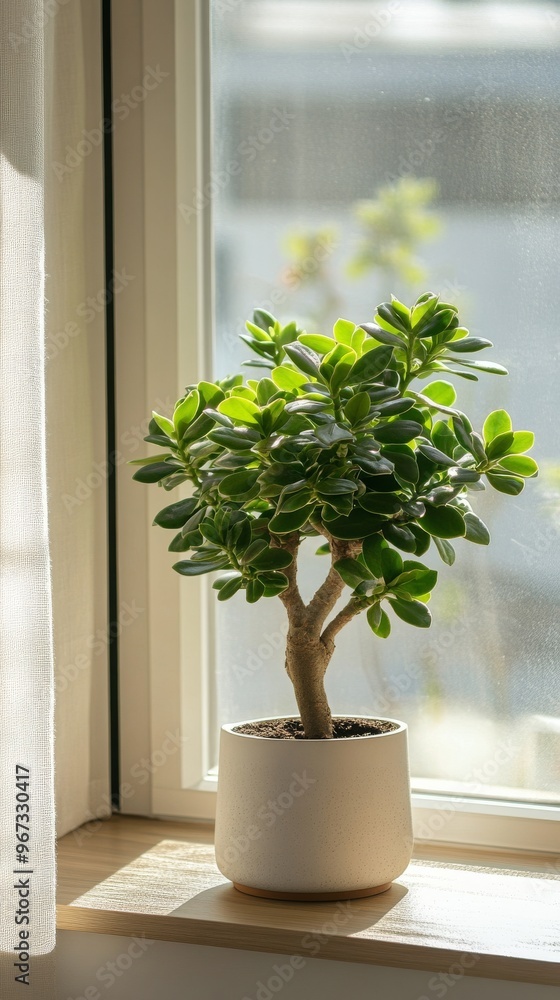 Wall mural a potted jade plant by the window in minimalist style of indoor plants