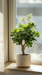 Fototapeta premium a potted jade plant by the window in minimalist style of indoor plants