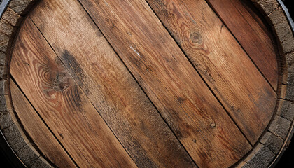 Fototapeta premium Vintage brown barrel wooden planks background texture with scratches and black stains over wood grain of old aged oak barrel bottom, close up