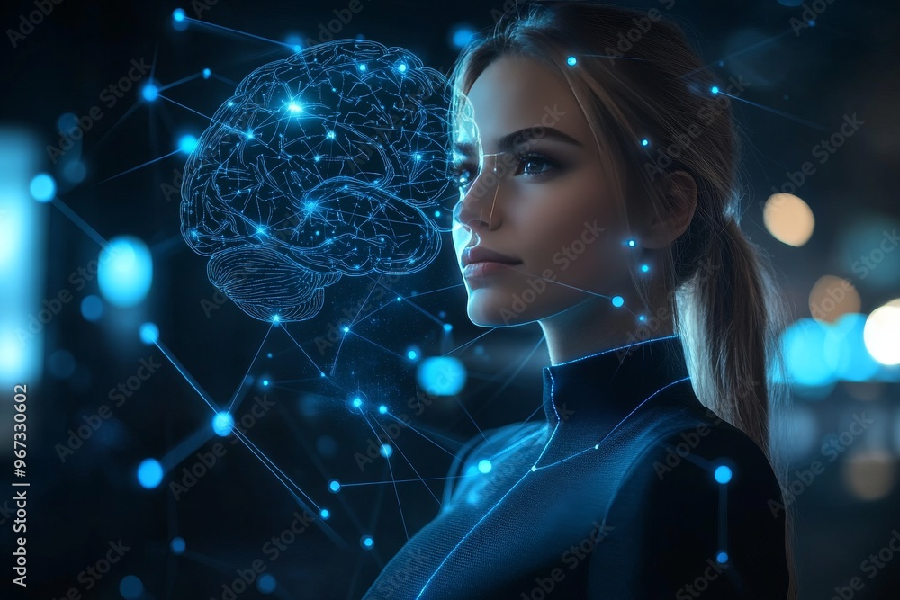 Poster neural interface synaptic transmission thought augmentation and digital headgear woman with illumina