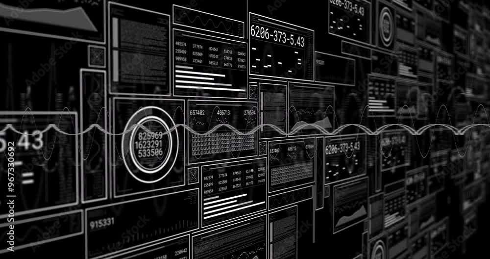 Poster animation of data processing and diagrams on black background