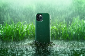 Heavy rain, waterproof phone case in use,  Rich jewel tones, Humorous, Timeless Adventure