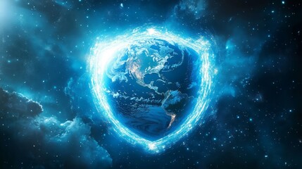 Earth protected by a shield of light. The Earth encased in a glowing and protective shield made of light, with harmful elements being repelled away from the planet