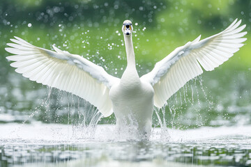 White swan spreading its wings in a lake, creating a dramatic splash with a green nature background.