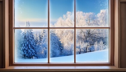 Frost-covered window with a scenic snowy landscape.