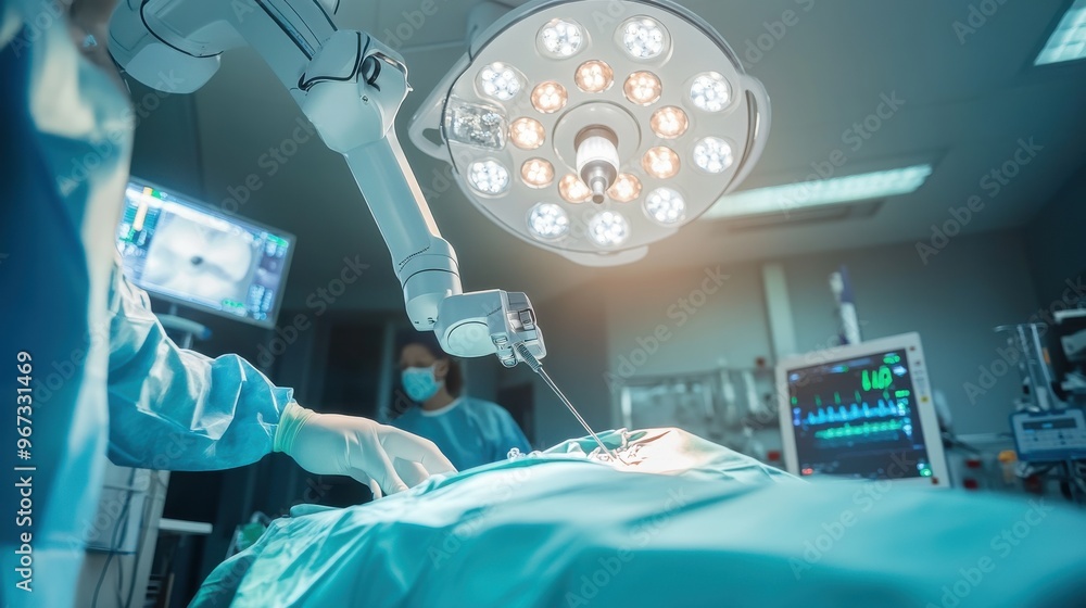 Aufkleber robotic arm with scalpel conducting a high-tech surgery in an advanced operating room setting with m