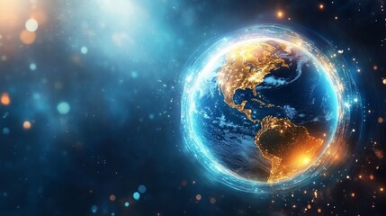 Obraz premium Earth protected by a shield of light. The Earth encased in a glowing and protective shield made of light, with harmful elements being repelled away from the planet