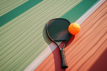 black Paddle, and bright orange ball resting on a green and red court surface under striped shadows...