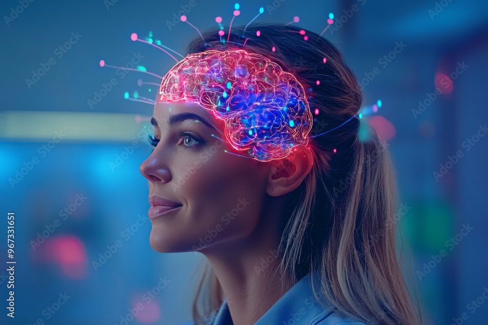Poster bio tech brain connectivity conceptual brainpower and cognitive tech profile of a woman with brain n