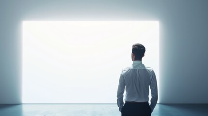 Obraz premium Businessman Contemplating a Bright Future in Front of a Large Screen in a Minimalistic Room - Concept of Innovation and Vision