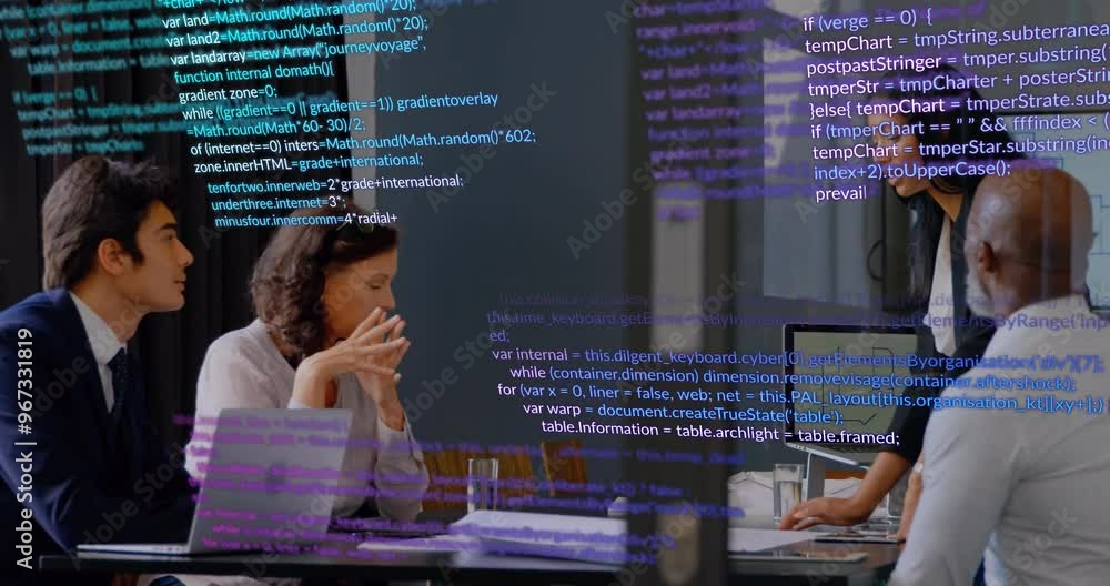 Poster animation of data processing over diverse colleagues discussing work in office