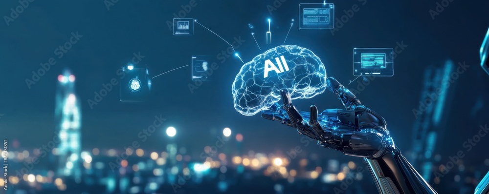 Poster futuristic robotic hand holding a digital ai brain with glowing connections, symbolizing artificial 