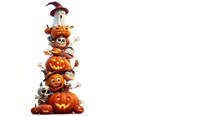 A whimsical Halloween scene featuring stacked pumpkins, ghosts, and playful characters, perfect for festive imagery.