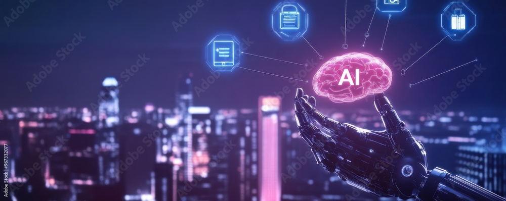 Poster robotic hand holding ai brain with futuristic cityscape background symbolizing advanced artificial i