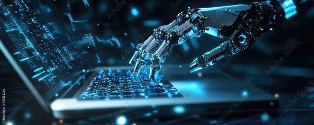Poster futuristic robotic hand typing on laptop keyboard with glowing keys, symbolizing advanced technology