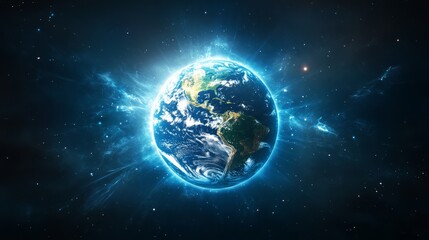 Fototapeta premium Earth protected by a shield of light. The Earth encased in a glowing and protective shield made of light, with harmful elements being repelled away from the planet