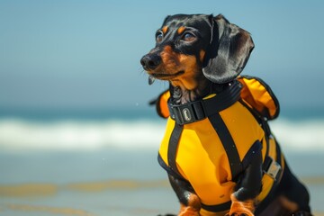 Dachshund in stylish yellow life jacket on beach