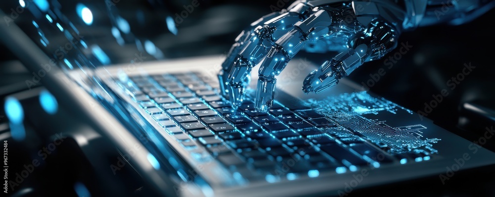 Aufkleber futuristic robotic hand engaging with a laptop keyboard, symbolizing advanced technology in artifici