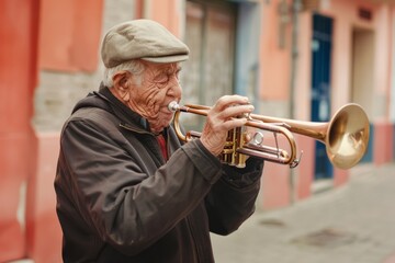 Obraz premium An elderly man passionately playing the trumpet in a colorful street, capturing a moment of pure musical joy and cultural vividness.