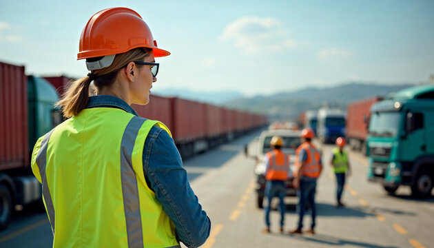A woman in safety gear manages fleet operations in a busy logistics yard, with ample space for text.