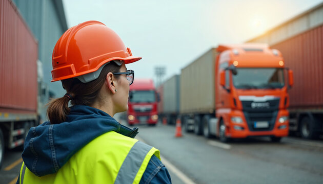 A woman in safety gear manages fleet operations in a busy logistics yard, with ample space for text.
- Powered by Adobe