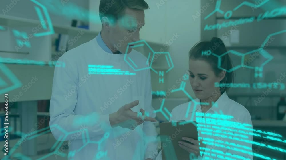 Poster animation of data processing and chemical formula over diverse scientists working in lab